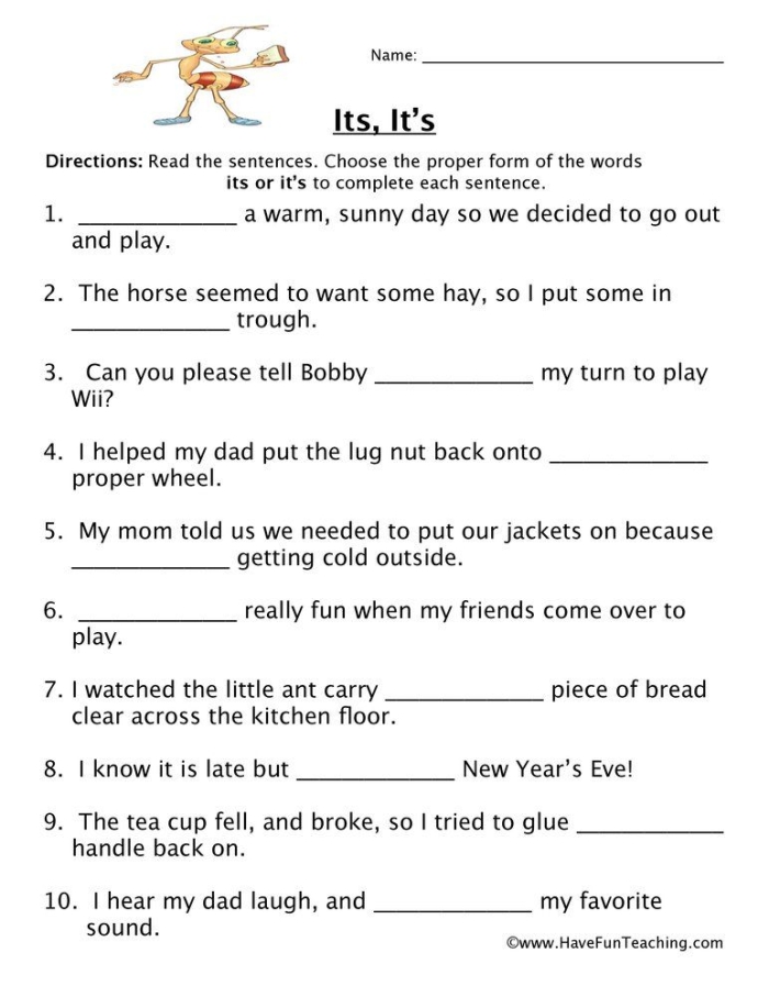 Children's homophones fill-in-the-blank worksheet focusing on its and it's
