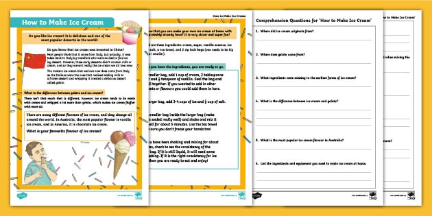 Reading Comprehension Worksheet 18 The Ice Cream Disaster for Third Grade Third grade student completing a reading comprehension worksheet about an ice cream disaster