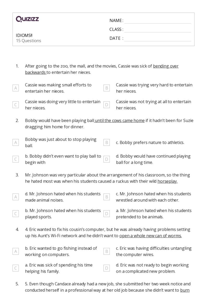 Idiom worksheet for third grade focusing on understanding figures of speech like "when pigs fly Worksheet featuring common idioms for third graders to explore their meanings through context clues