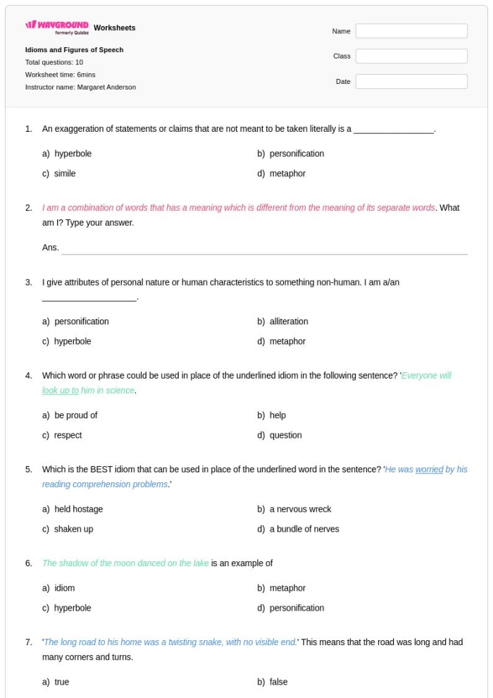 Understanding the meaning of common idioms like "when pigs fly" in a fun way Worksheet featuring idioms explained through context clues for third graders