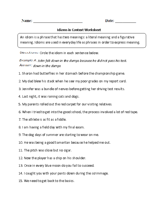Illustration of idioms in context for educational purposes Worksheet showcasing common English idioms in sentences for third graders