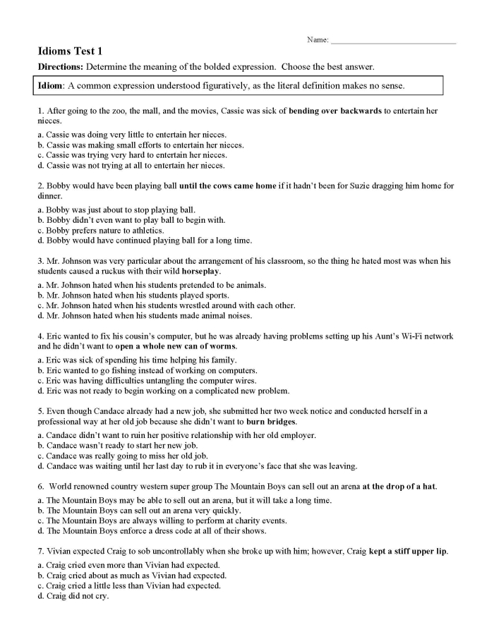 Illustration of common English idioms used in sentences for learning Worksheet featuring idioms in context for third-grade students