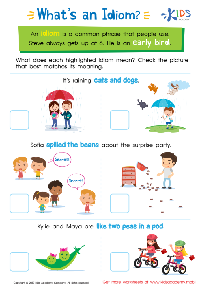 Educational resource on common English idioms for students Worksheet featuring idioms in context for third graders