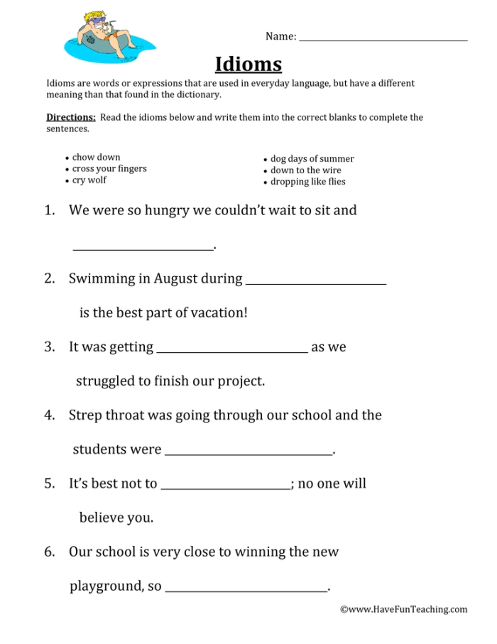 Illustration of common English idioms for figurative language lessons Worksheet featuring idioms in context for third-grade students