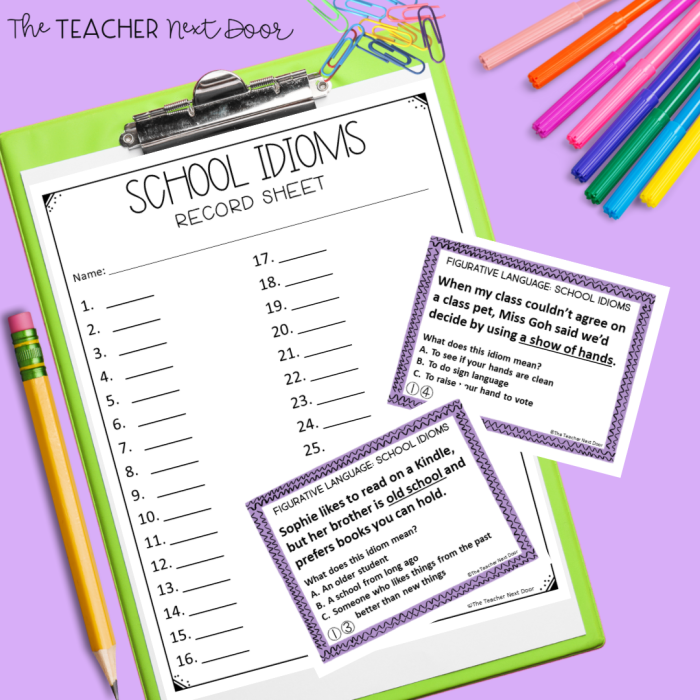 Idioms in Context Worksheet for Figurative Language Learning Worksheet featuring idioms in context for third-grade students