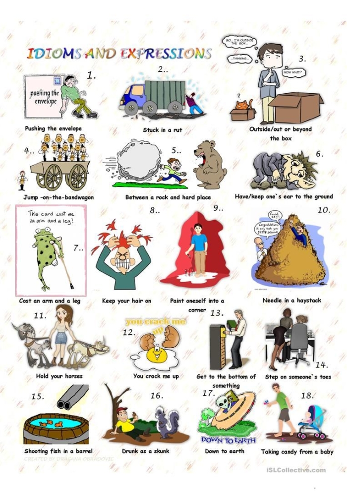 Visual guide to idioms in context for educational use in figurative language lessons Worksheet featuring common English idioms in context for third-grade students