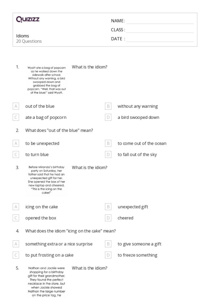 Idiom review worksheet: Tell Us What You Think! Worksheet featuring idioms for third graders to interpret