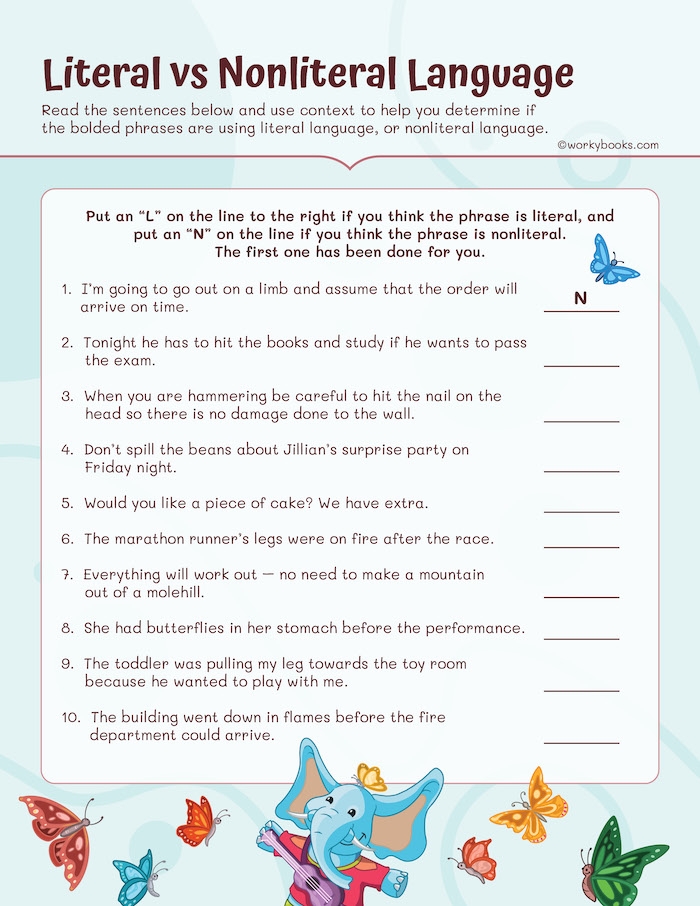 Worksheet for third graders exploring idioms with literal and nonliteral meanings. Idioms: Explaining Literal and Nonliteral Language worksheet for grade 3.