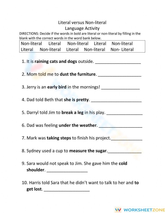 Worksheet featuring idioms to explore literal and nonliteral meanings for third graders