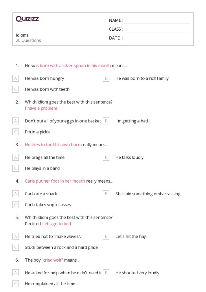 Idioms: Picture This! worksheet for teaching idioms in a fun way Worksheet featuring common English idioms for third graders focusing on numbers and counting