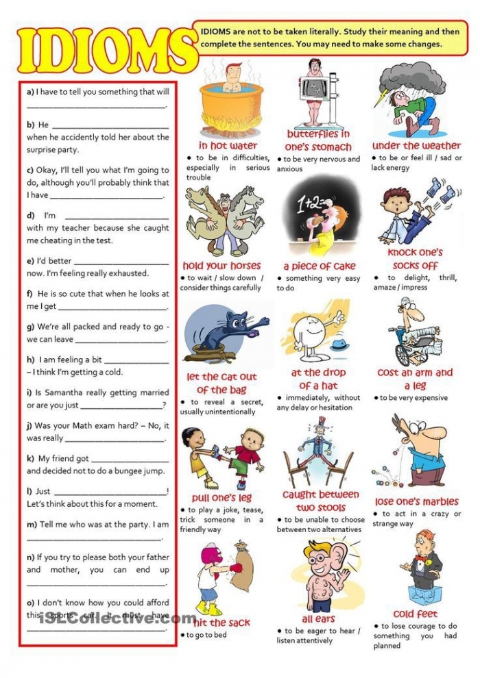 Idiom interpretation worksheet: Tell Us What You Think! Worksheet for third graders to review idioms and their meanings