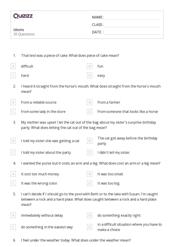 Third grade idioms worksheet focusing on understanding figures of speech Worksheet illustrating common idioms for third graders, including "when pigs fly
