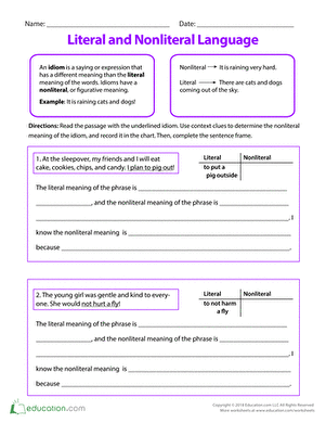 Worksheet for understanding idioms with literal and nonliteral contexts for third graders