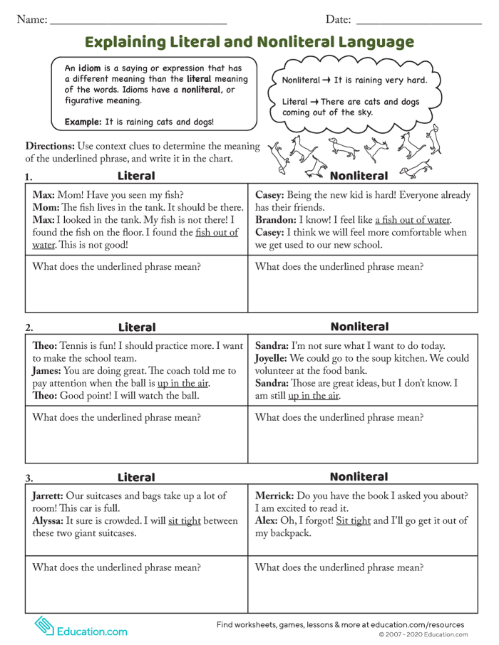 Worksheet for understanding idioms in literal and nonliteral contexts for third graders