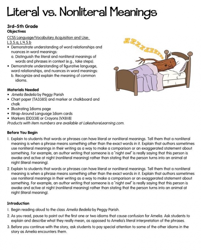 Worksheet featuring idioms with literal and nonliteral language explanations for third graders