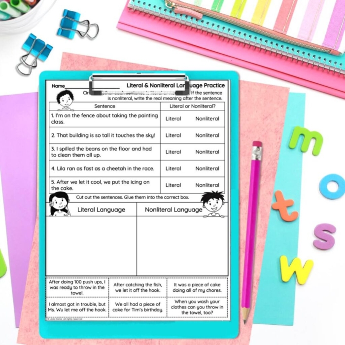 Worksheet for understanding idioms in both literal and non-literal contexts for third graders