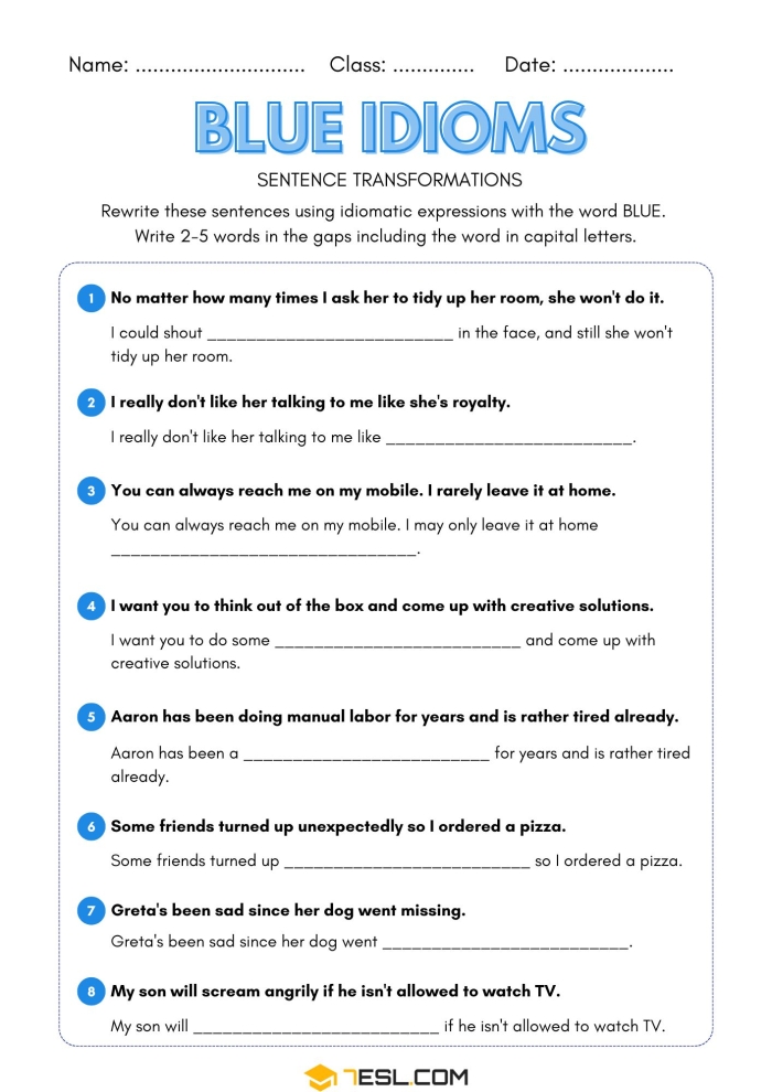 Illustration of a third grade worksheet on idioms and their meanings. Worksheet featuring idioms for third graders focusing on understanding figures of speech like "when pigs fly.