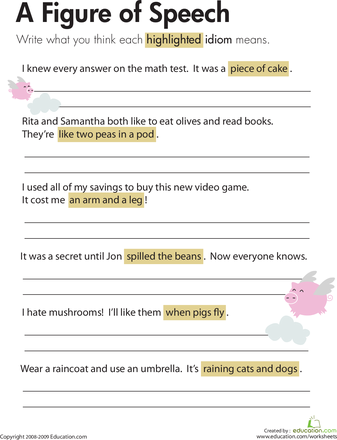 Understanding idioms like "when pigs fly" through context clues for grade 3 Worksheet featuring idioms for third graders exploring figurative language