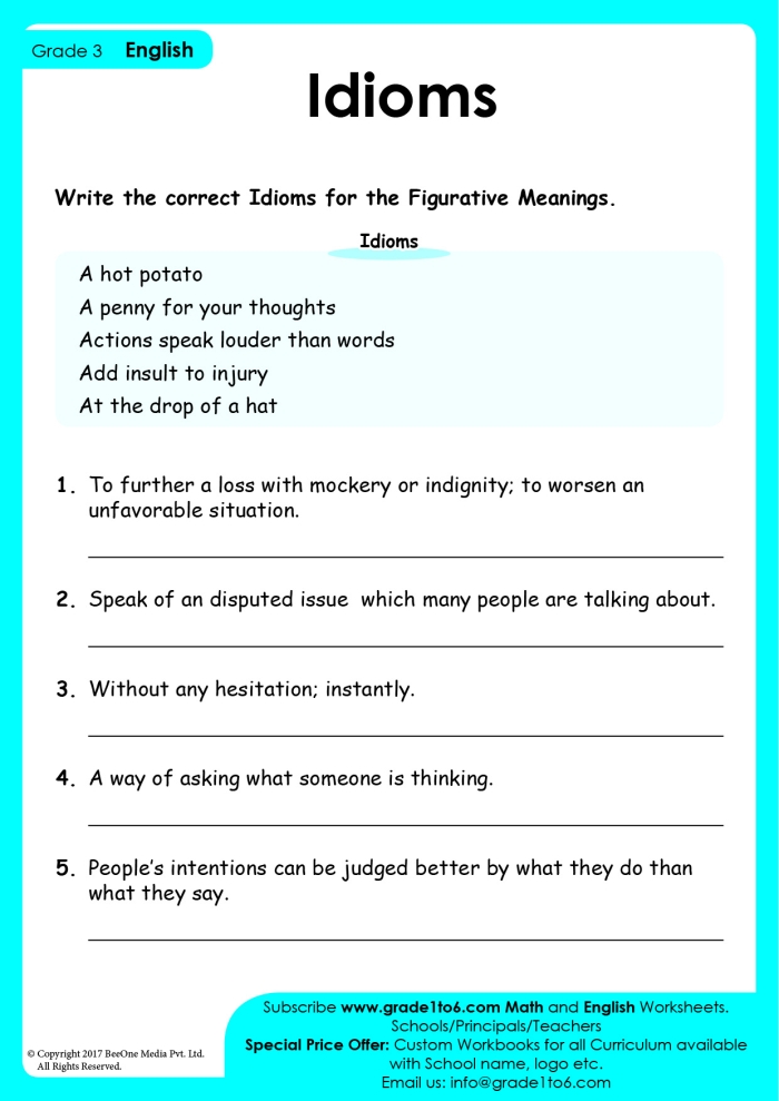 Visual guide on idioms: Picture This! worksheet for numbers and counting activities Worksheet featuring common English idioms for third graders to learn and understand