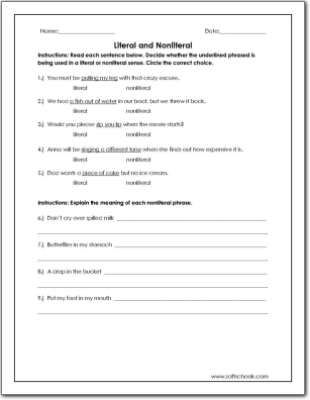 Worksheet illustrating idioms with literal and nonliteral meanings for third graders