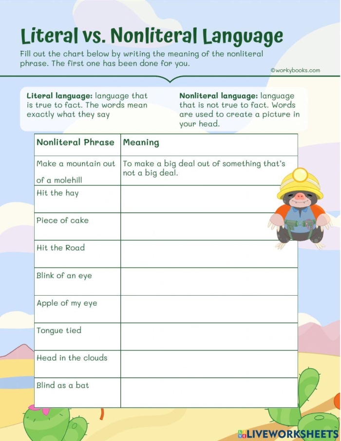 Worksheet for understanding idioms in both literal and nonliteral contexts for third graders