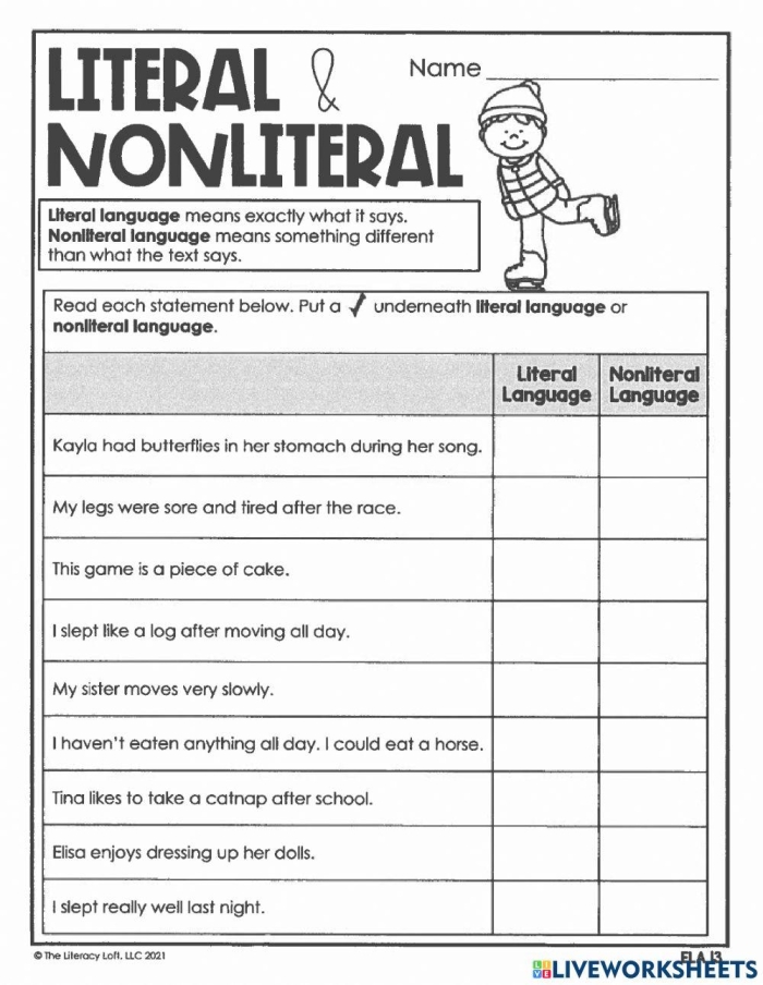 Third grade students engaging with a worksheet on idioms that explores literal and nonliteral meanings. Worksheet image depicting the Idioms: Explaining Literal and Nonliteral Language activity for young learners.