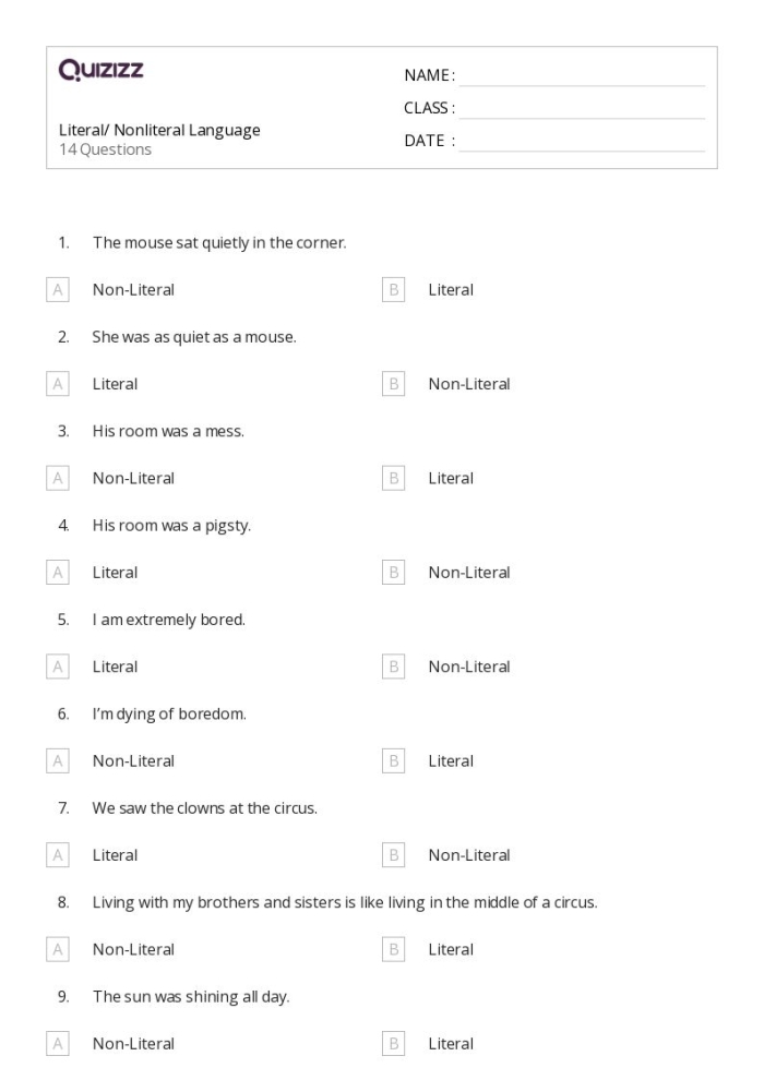 Worksheet featuring idioms with literal and nonliteral language for third graders