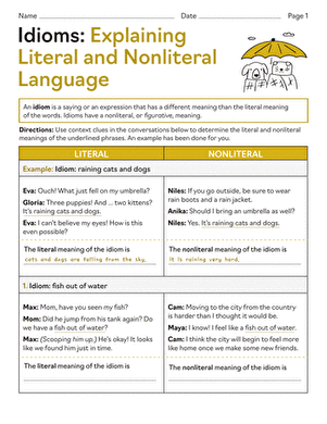 A third-grade worksheet focused on idioms, illustrating literal and nonliteral language concepts. Worksheet on understanding idioms through context clues for third graders.