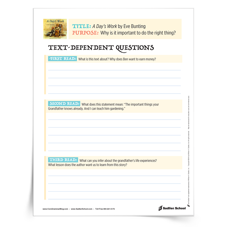 Text Dependent Questions worksheet for enhancing reading comprehension skills Third grade worksheet featuring text dependent questions for independent reading