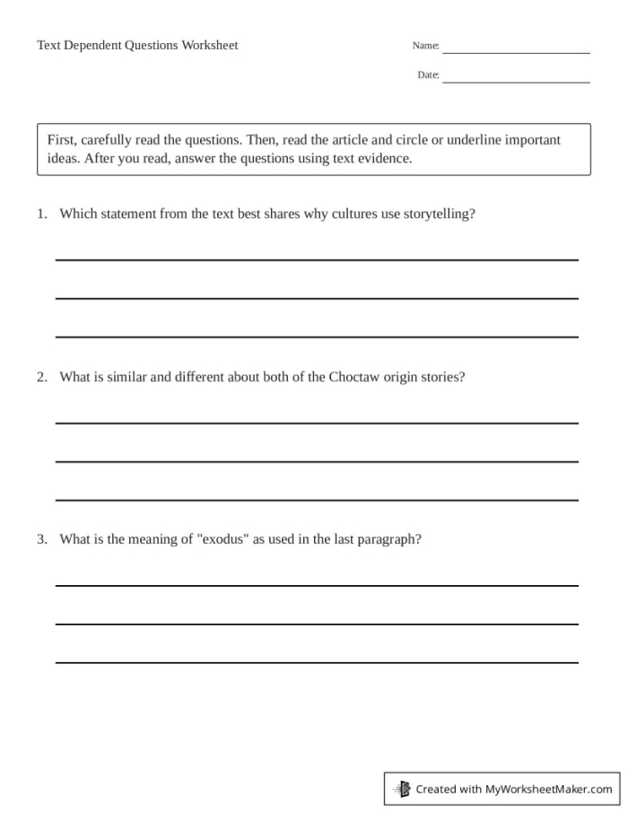 Worksheet featuring text dependent questions to enhance reading comprehension skills Text dependent questions worksheet for third grade independent reading practice