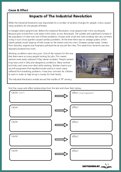 Cause and Effect: The Industrial Revolution worksheet for students Worksheet for understanding cause and effect in the Industrial Revolution for third graders