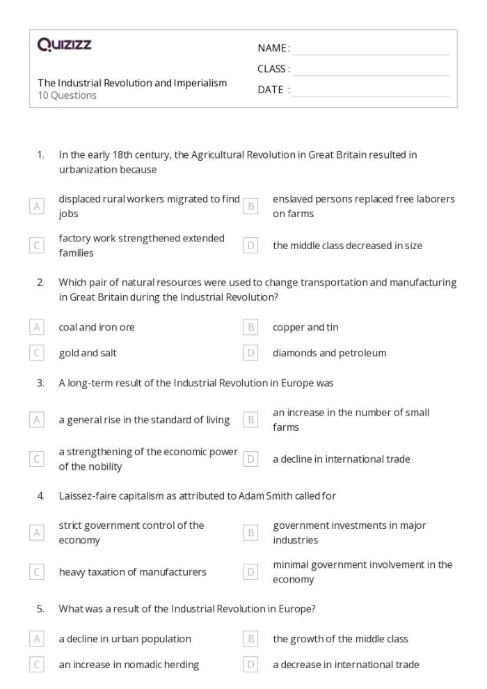 Cause and Effect: The Industrial Revolution Worksheet for Subtraction Activities Worksheet illustrating cause and effect relationships from the Industrial Revolution for third graders