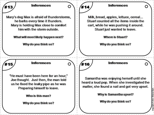 Inference Task Cards worksheet for third graders focusing on reading comprehension and inference skills. Educational resource for practicing character, setting, and plot analysis.