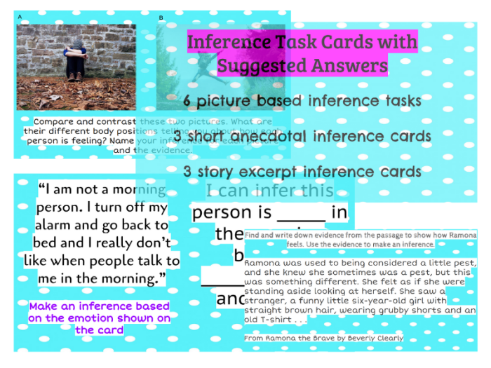 Inference Task Cards worksheet designed for third graders to enhance their reading comprehension skills. Engaging task cards for practicing inferences about character, setting, and plot.