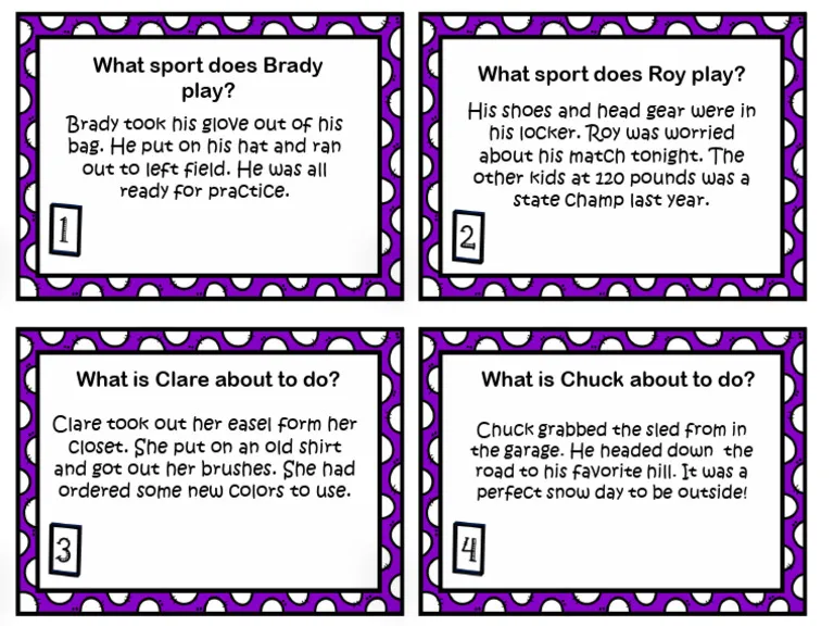Inference Task Cards worksheet for third graders focusing on character, setting, and plot in short passages