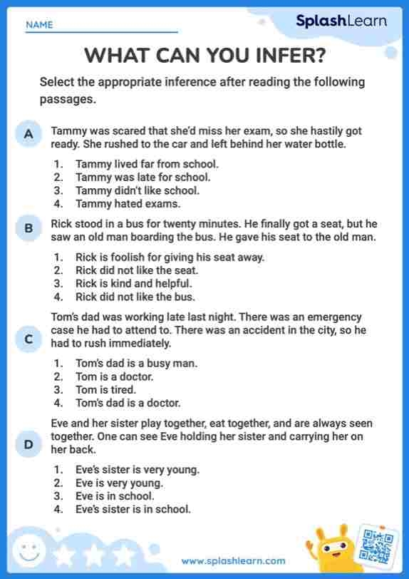 Can You Make an Inference? worksheet for addition practice, image 2 Worksheet for making inferences on characters and events in a passage for third graders