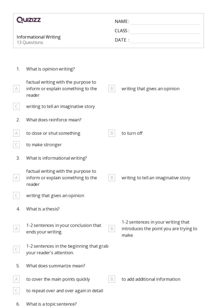 Third grade student completing an informational writing check-up assessment worksheet with pencil