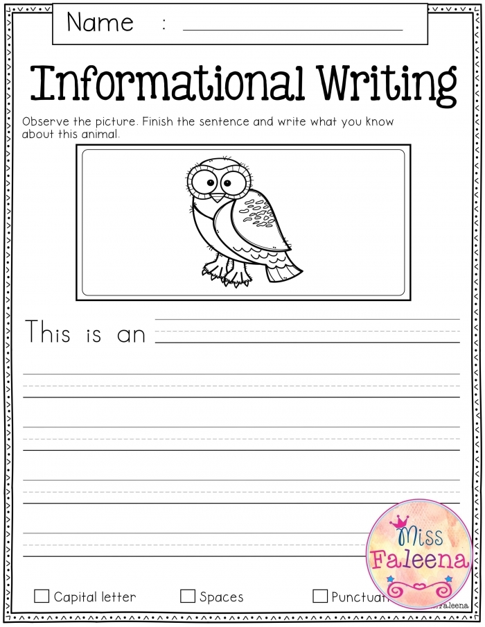 A third grade student worksheet showing an informational writing check-up assessment with prompts and evaluation criteria for response writing