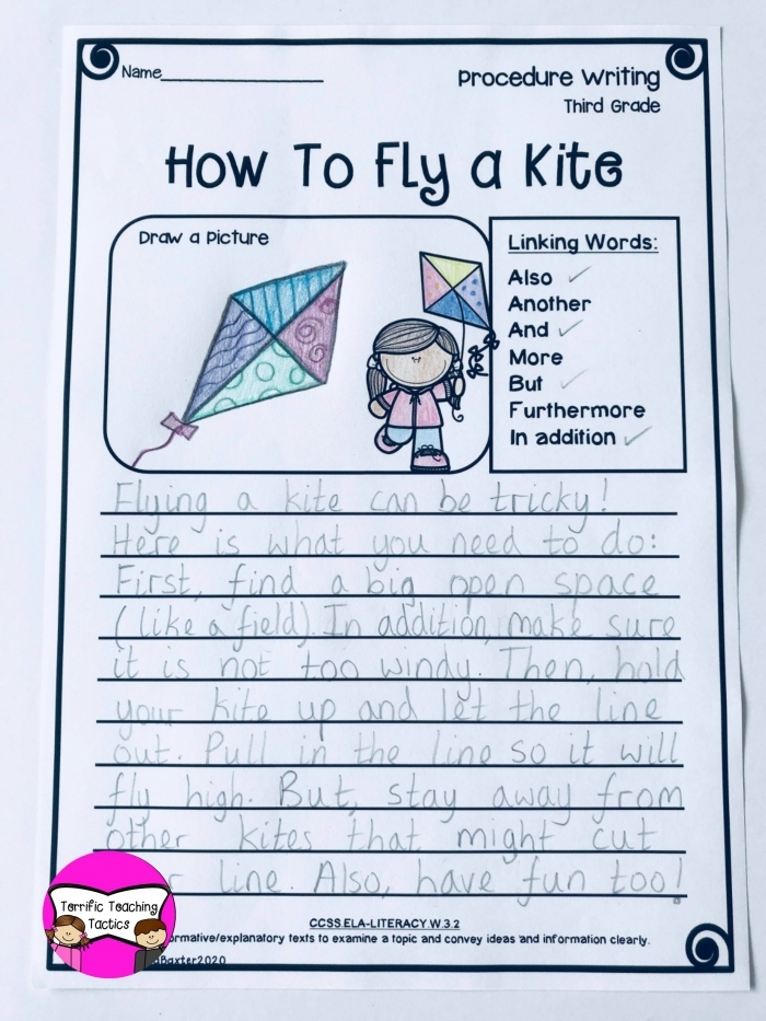Third grade student completing an informational writing check-up assessment worksheet