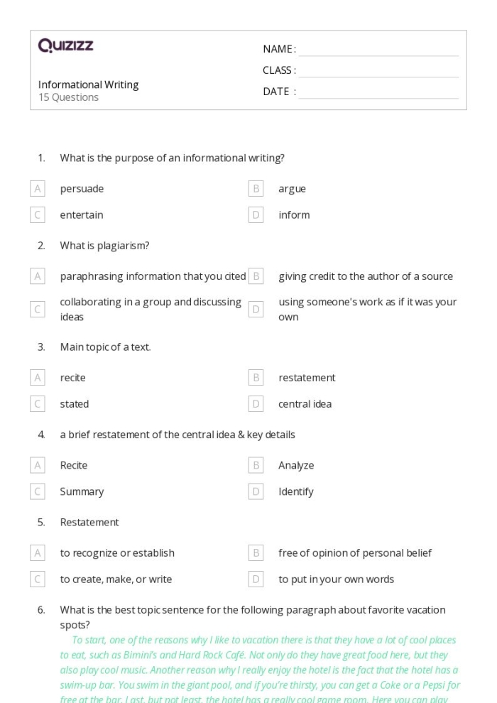 Third grade student worksheet for assessing informational writing skills with a writing prompt and evaluation checklist