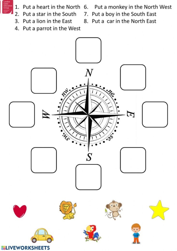 Interactive worksheet for third graders focusing on intermediate directions like northeast and southwest. Fun mapping activity to enhance geographical skills for young learners.