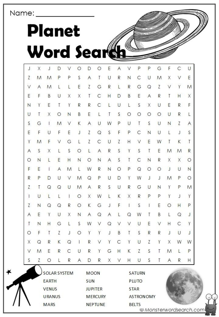 Third grade science worksheet featuring an intergalactic crossword puzzle about identifying planet pictures
