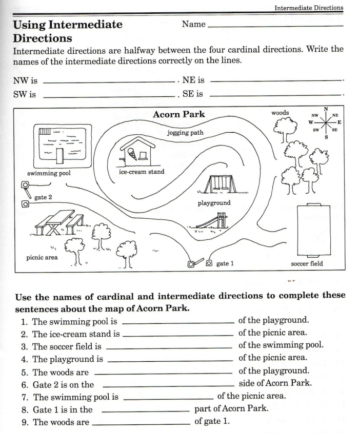 Worksheet for practicing intermediate directions like northeast and southwest for third graders