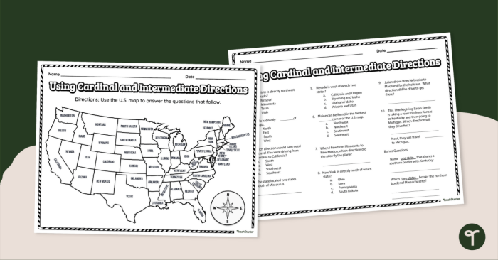 Worksheet showcasing intermediate directions for third graders learning geography