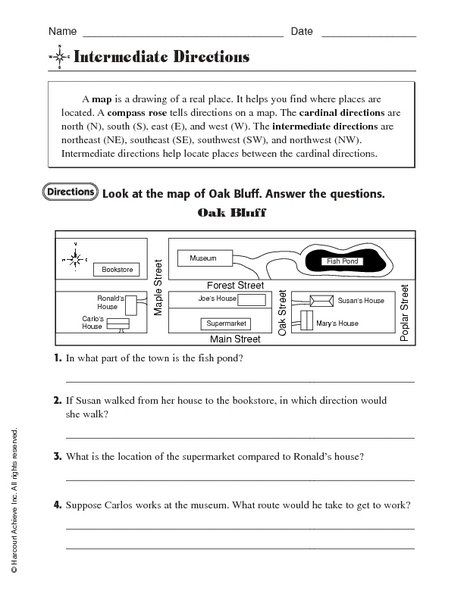 Worksheet for mastering intermediate directions in geography for third graders