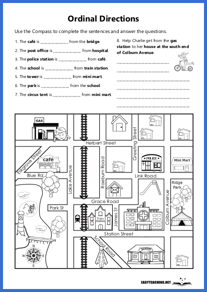 Worksheet featuring a fun mapping activity for learning intermediate directions like northeast and southwest. Engaging third-grade resource for budding geographers.