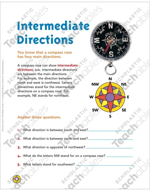 Worksheet for practicing intermediate directions like northeast and southwest for third graders