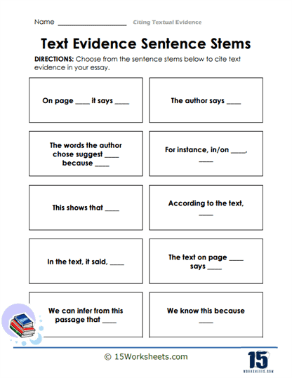 Cite the Evidence worksheet focused on introductory phrases for Earth and Space Science Worksheet for teaching third graders how to incorporate introductory phrases when citing text evidence