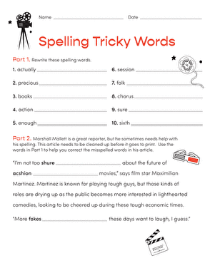 Spelling Tricky Words worksheet for third graders focusing on irregularly spelled terms