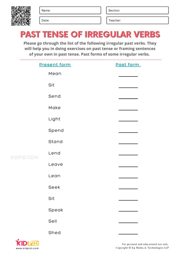 Third grade irregular verbs worksheet for science class students